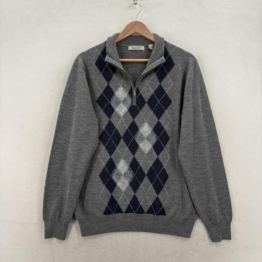 Williams & Kent Sweater Mens Medium Gray Merino Wool 1/4 Zip Argyle Pullover - Picture 1 of 12